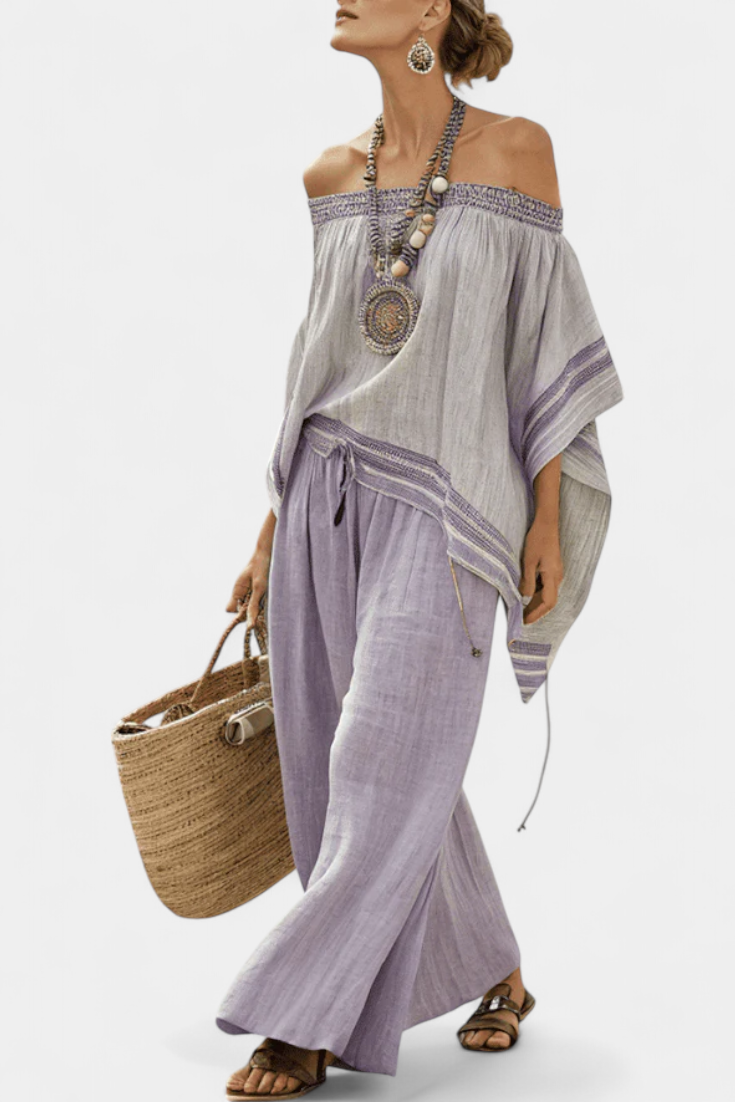 Isadora | Off-Shoulder Striped Bamboo Linen Set
