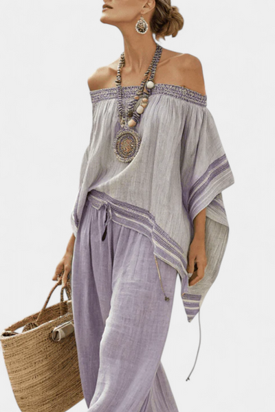 Isadora | Off-Shoulder Striped Bamboo Linen Set