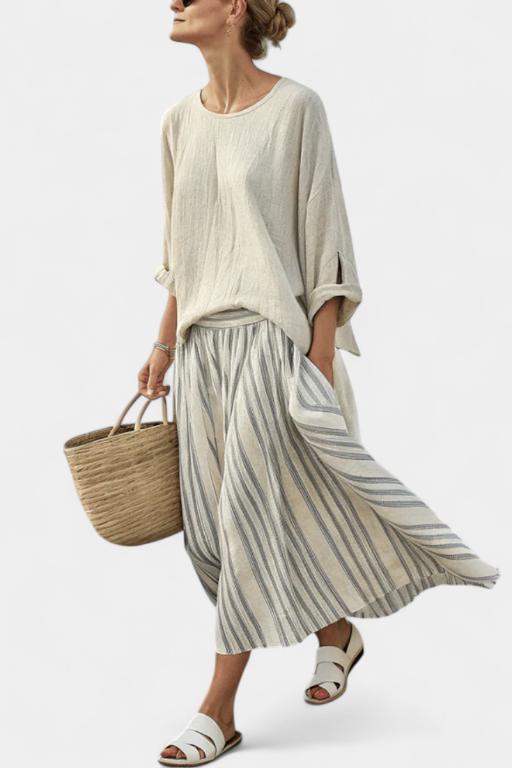 Elisabetta | Oversized Blouse & Striped Midi Skirt Set