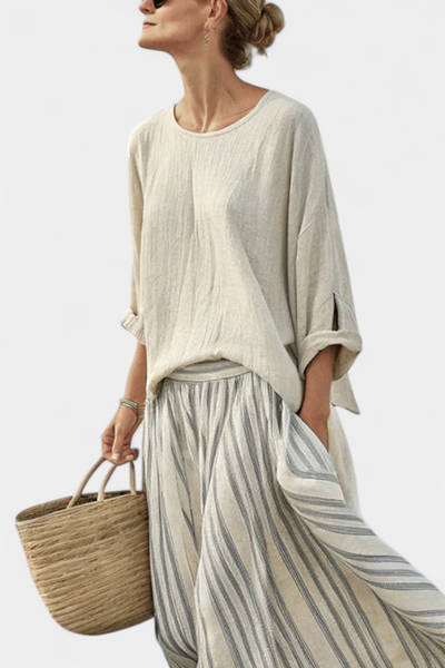 Elisabetta | Oversized Blouse & Striped Midi Skirt Set