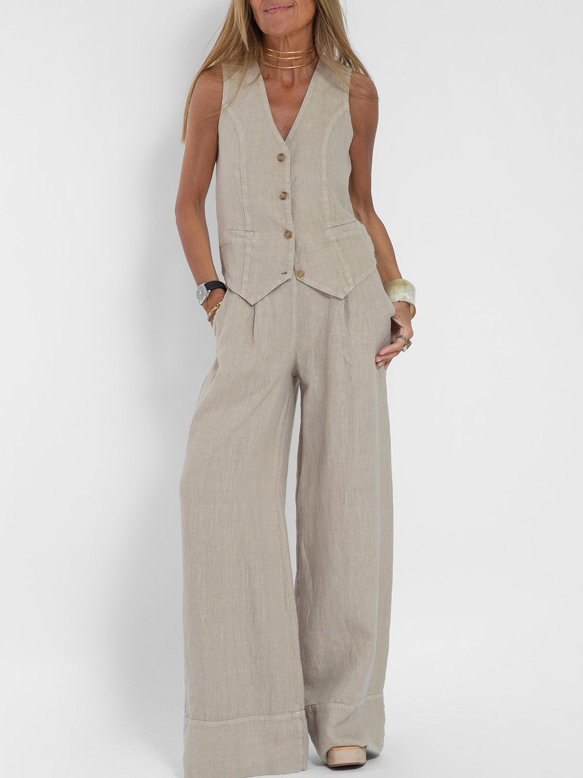 Aira | Button-Up Vest & Wide-Leg Pants Set
