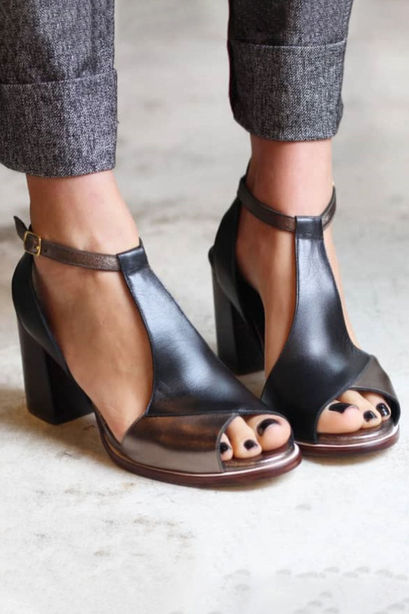 Anyao™ | Black Patchwork Open-Toe Heeled Sandals