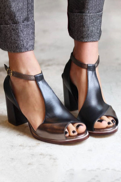 Anyao™ | Black Patchwork Open-Toe Heeled Sandals