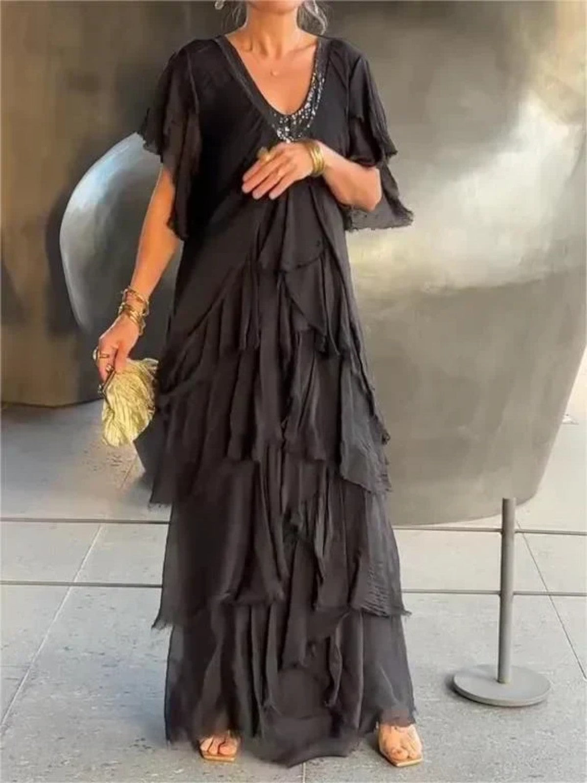 Blaise - Ruffled Short Sleeves V-Neck Maxi Dress