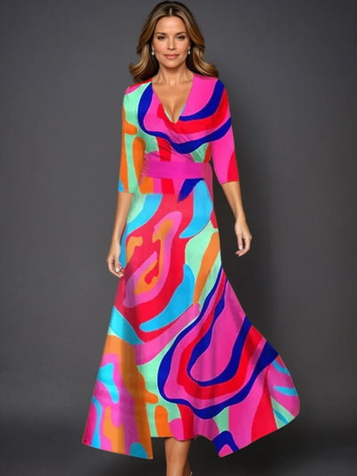 Emily - Printed High Waist Midi Dress with Mid Sleeves