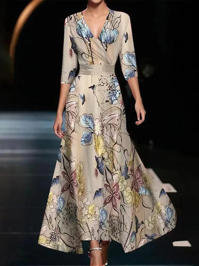 Emily - Printed High Waist Midi Dress with Mid Sleeves
