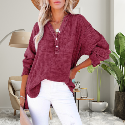Casual V-Neck Long Sleeve Blouse for Women - Lightweight and Breathable Everyday Top