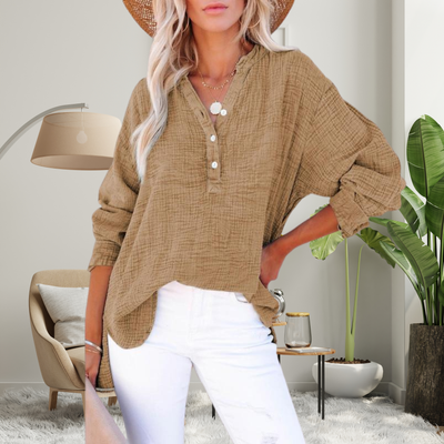 Casual V-Neck Long Sleeve Blouse for Women - Lightweight and Breathable Everyday Top