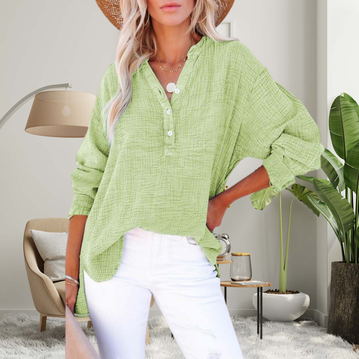 Casual V-Neck Long Sleeve Blouse for Women - Lightweight and Breathable Everyday Top