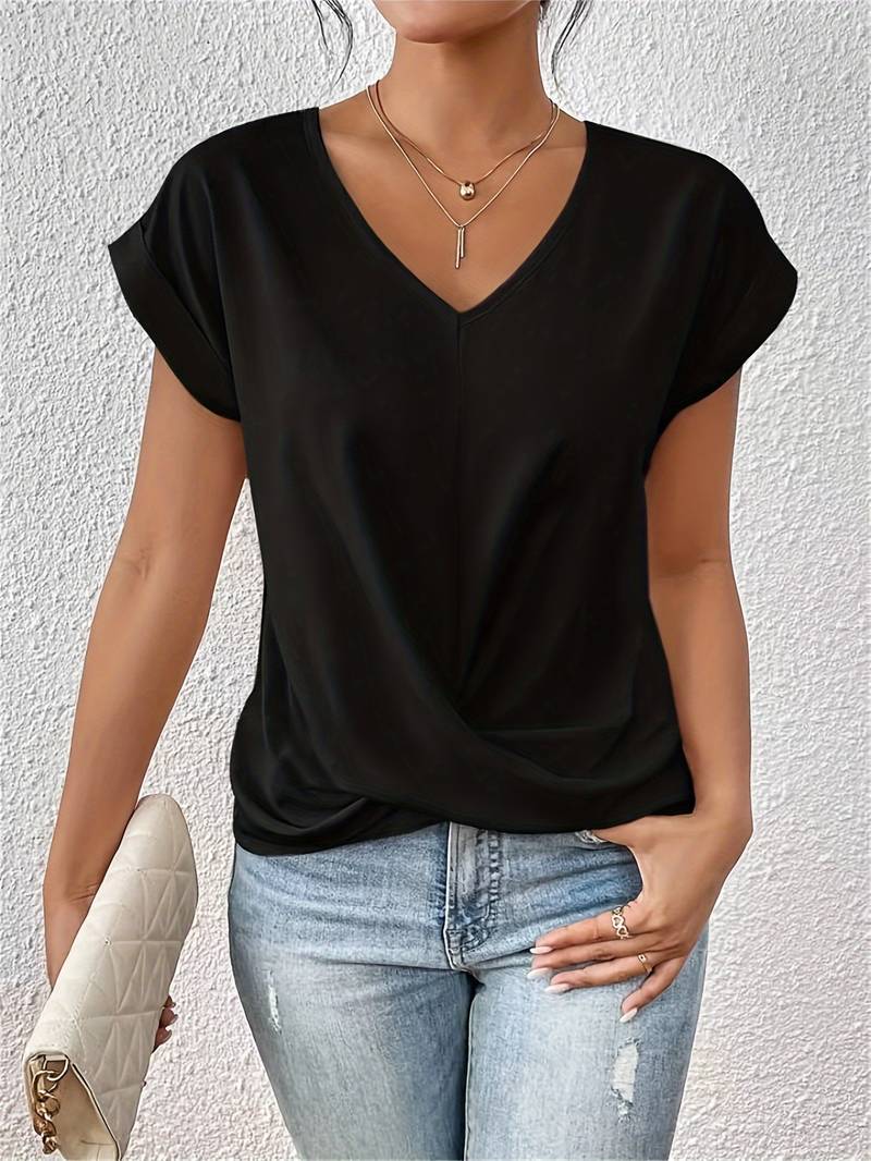 Casual Women's T-Shirt, V-Neck Cotton Blend Top, Short-Sleeve, Soft and Comfortable for Everyday Wear