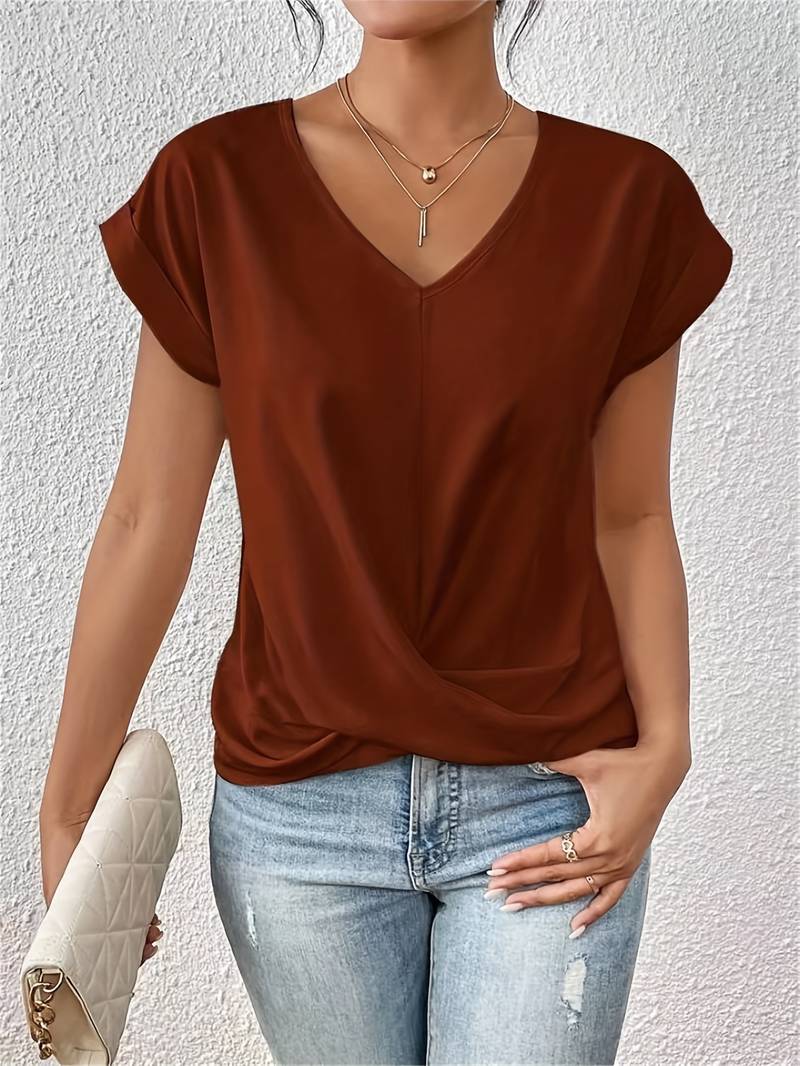 Casual Women's T-Shirt, V-Neck Cotton Blend Top, Short-Sleeve, Soft and Comfortable for Everyday Wear