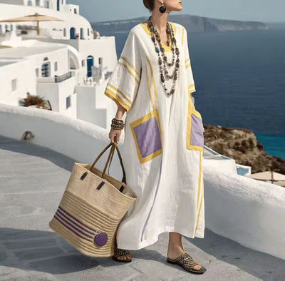 Lightweight Womens Dress for Summer – Long Breezy Dress with Chic Orange Accents and Relaxed Fit