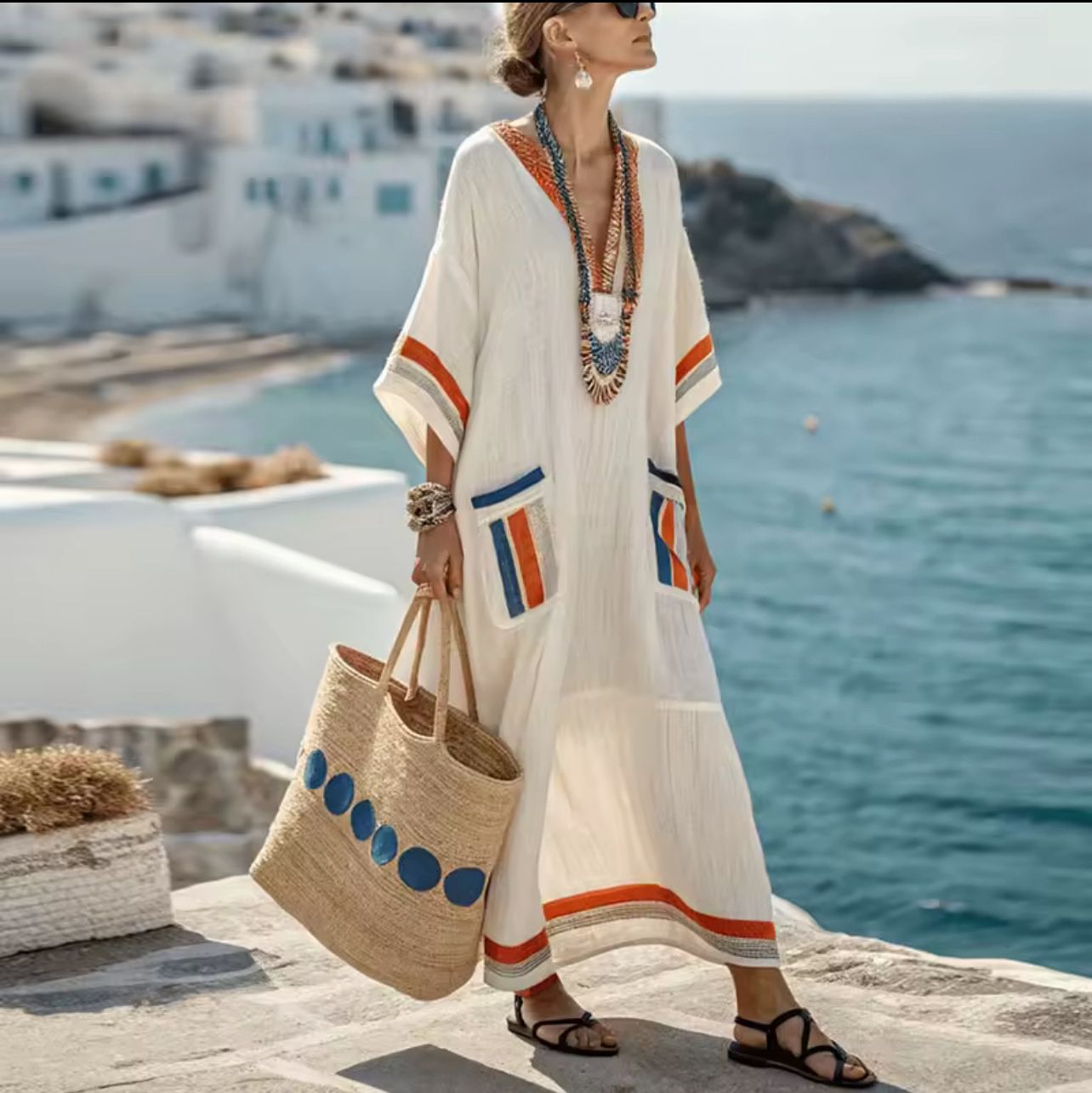 Lightweight Womens Dress for Summer – Long Breezy Dress with Chic Orange Accents and Relaxed Fit