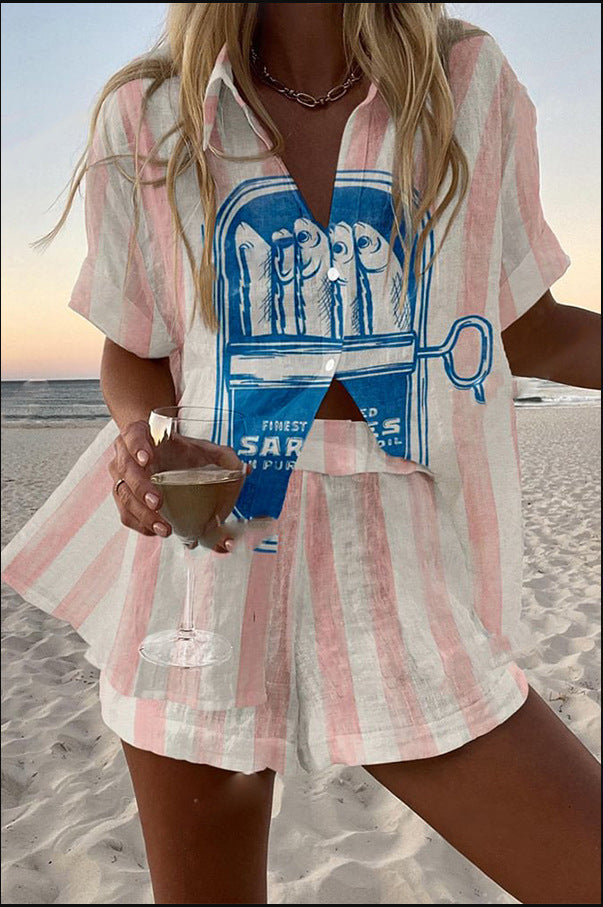 Printed Linen Short Set Sardine