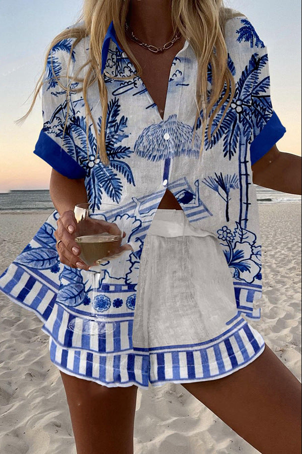 Short Printed Linen Set with Palm Trees
