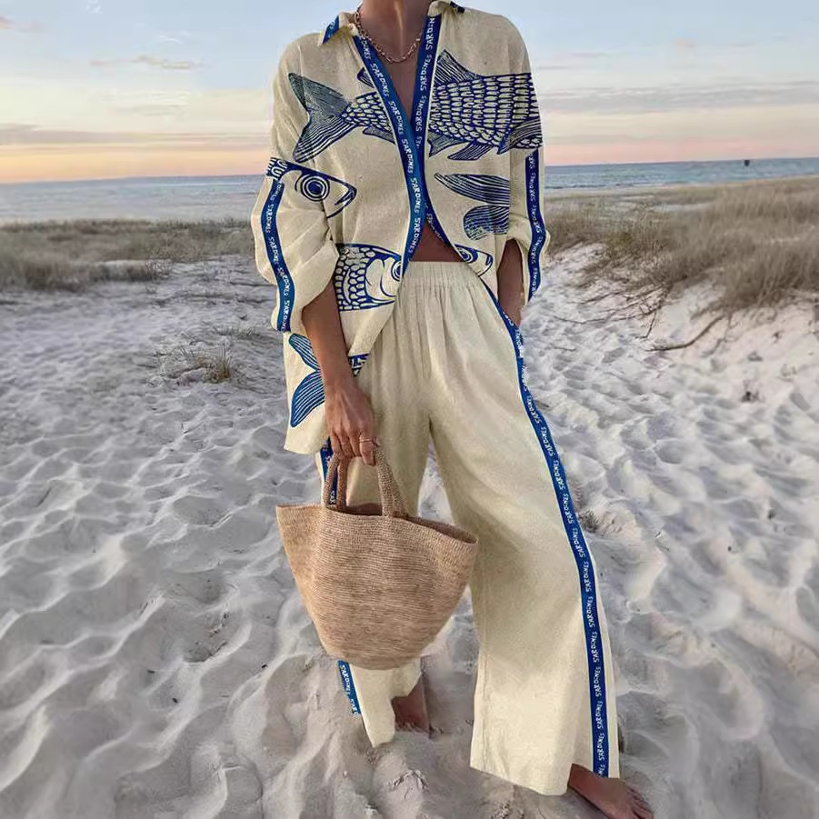 Blue Fish Print Linen Set