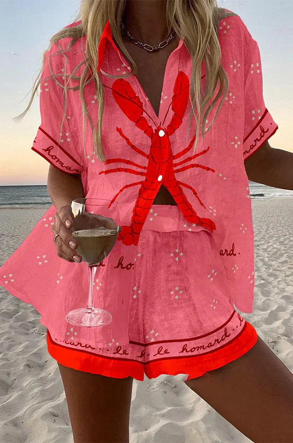 Short Linen Set Pink Lobster