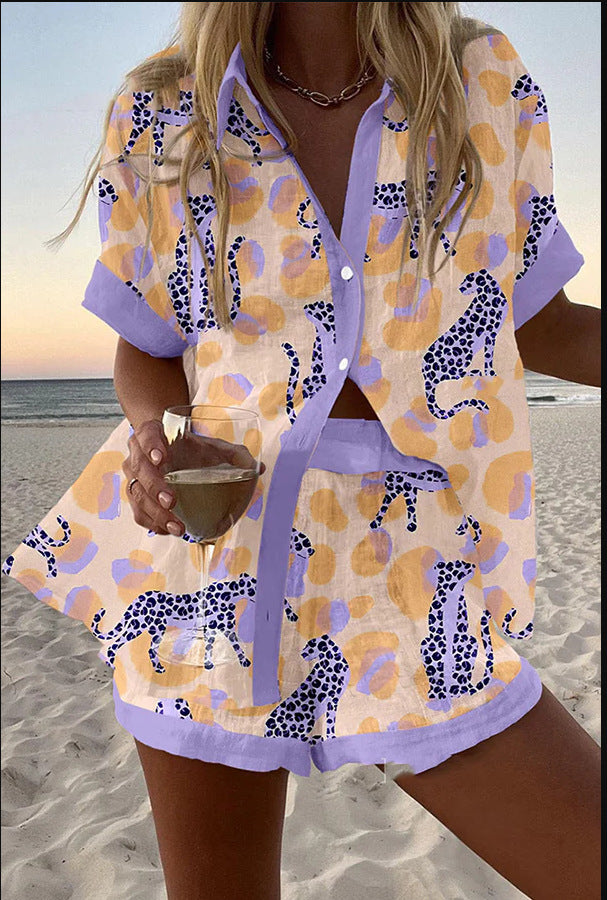 Leopard Print Linen Short Set
