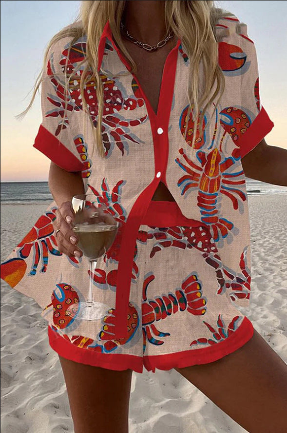 Short Printed Linen Set Lobsters