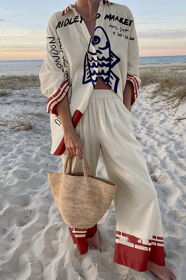 Printed Linen Set Blue Fish
