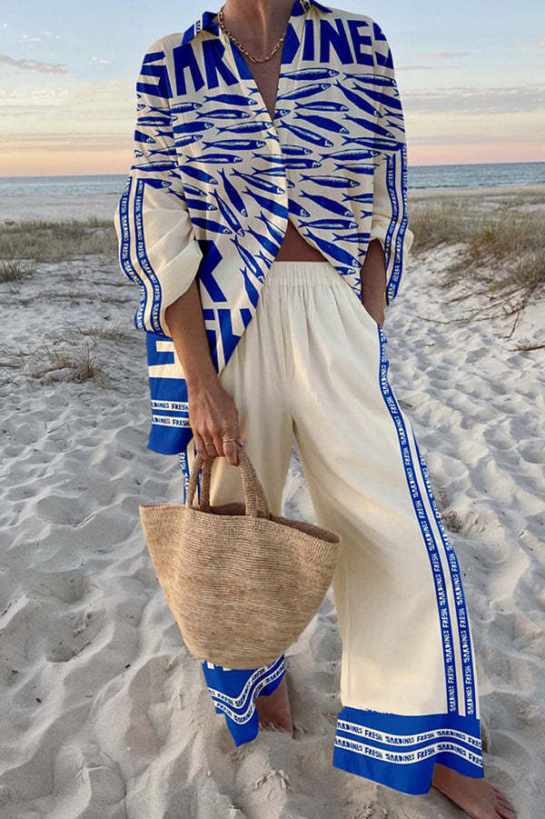 Printed Linen Set Blue Sardines