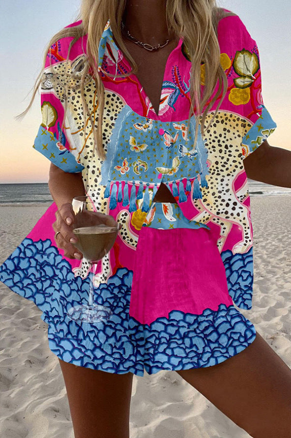 Short Linen Set with Butterfly Print