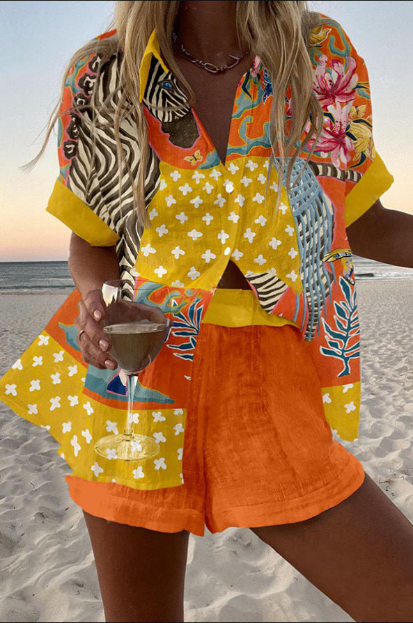 Short Printed Linen Set with Polka Dots
