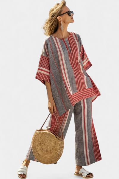 Marcella | Coral & Grey Striped Linen Set