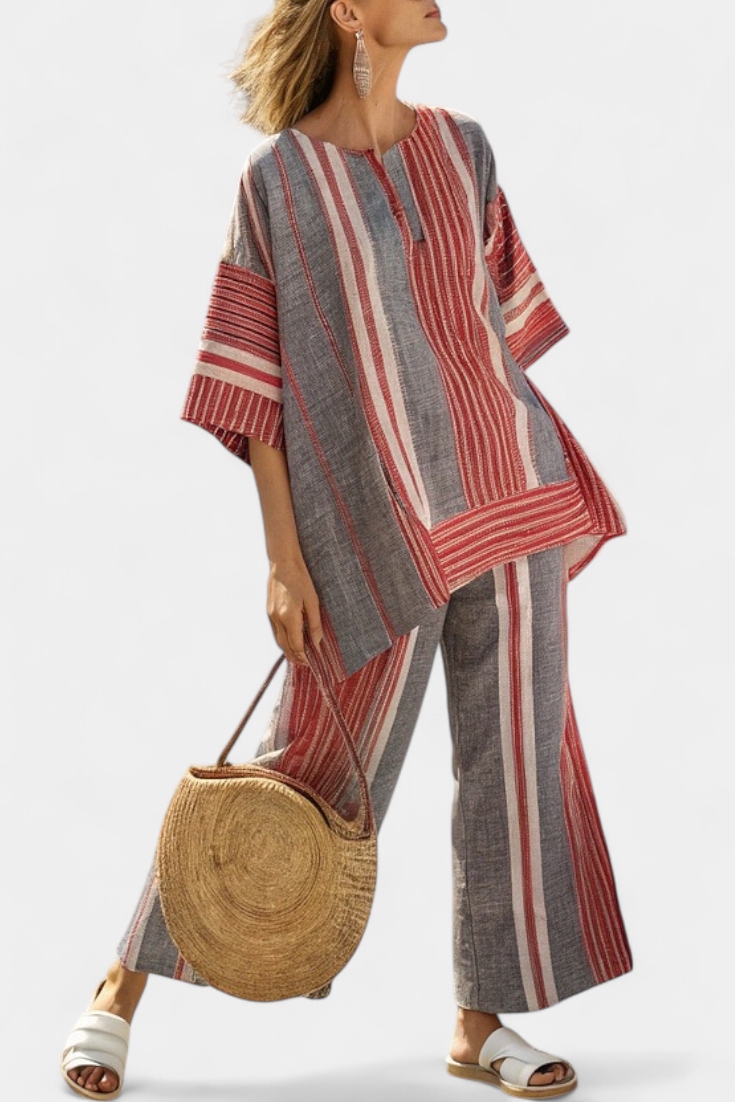 Marcella | Coral & Grey Striped Linen Set