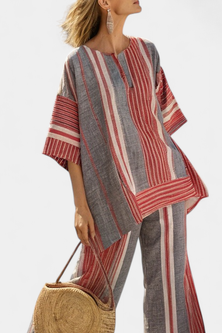 Marcella | Coral & Grey Striped Linen Set