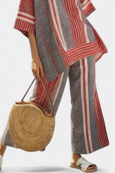 Marcella | Coral & Grey Striped Linen Set