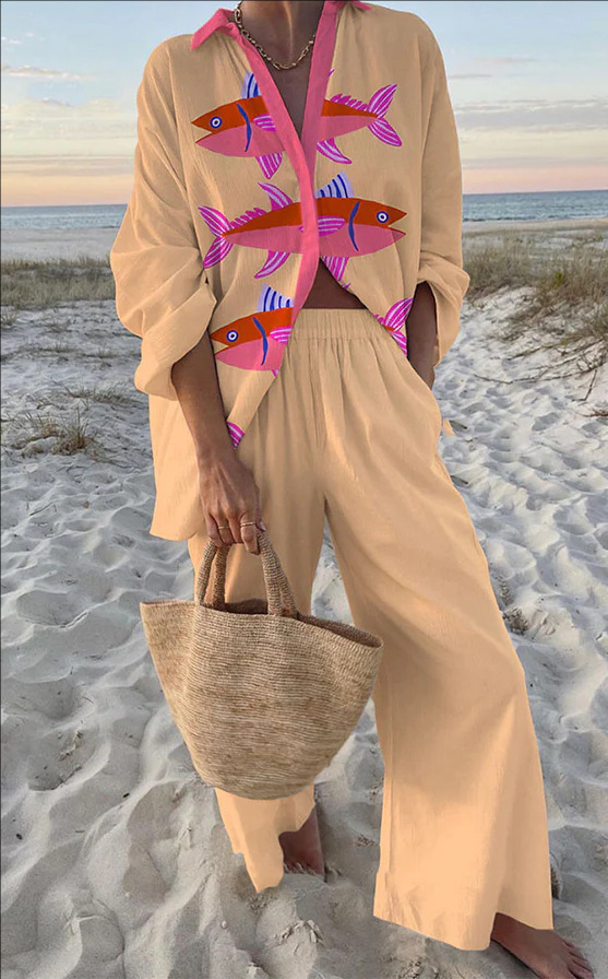 Pink Fish Printed Linen Set