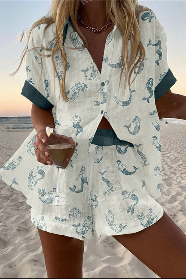 Printed Linen Short Set Mermaids