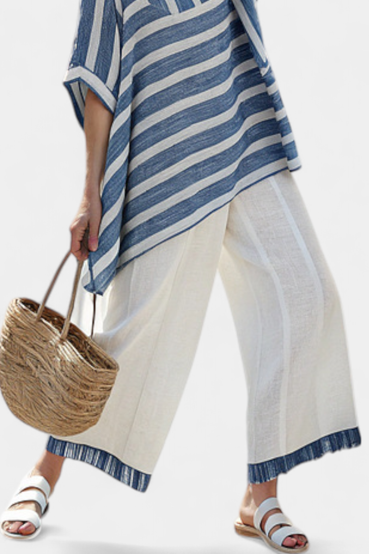 Donatella | Blue Striped Linen Set with Hem Detail