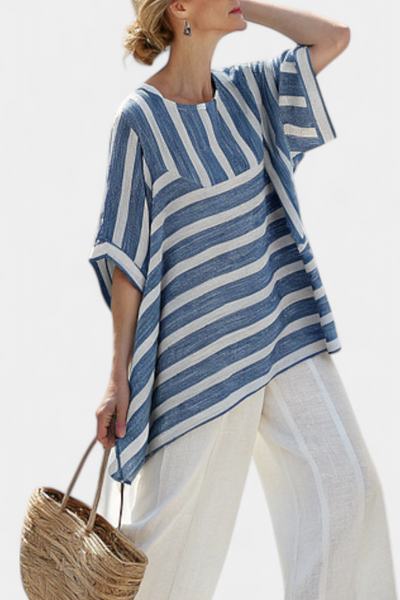 Donatella | Blue Striped Linen Set with Hem Detail
