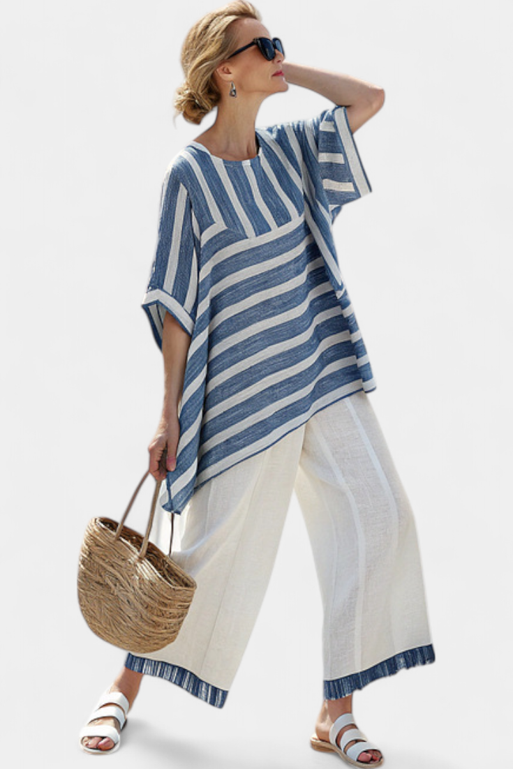 Donatella | Blue Striped Linen Set with Hem Detail