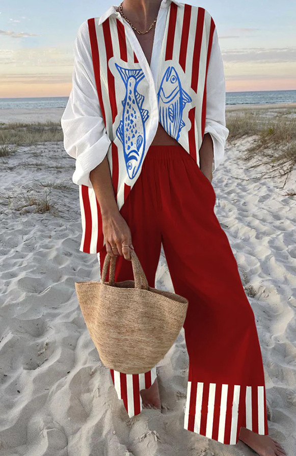 Printed Linen Set with Red and Blue Fish