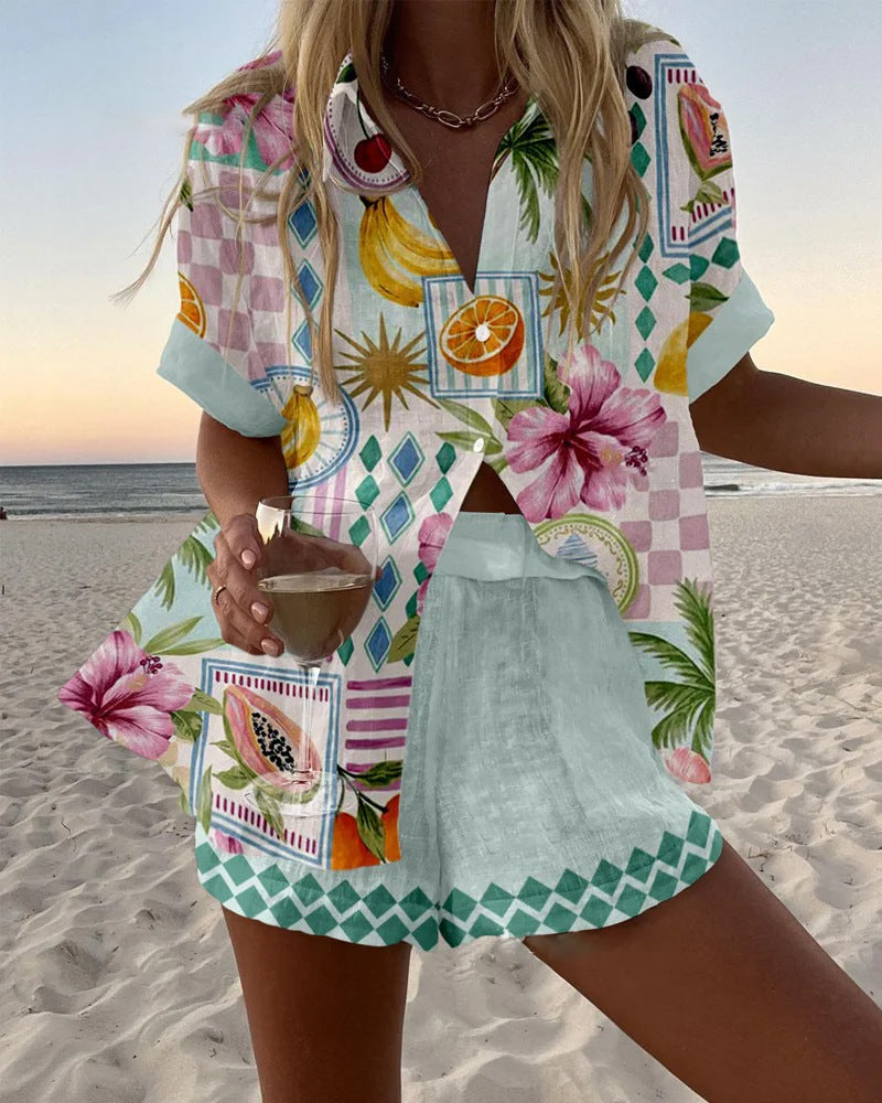 Short Printed Linen Set with Fruits