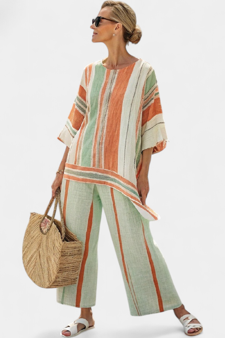 Carlotta | Striped Bamboo Linen Set with Asymmetric Blouse