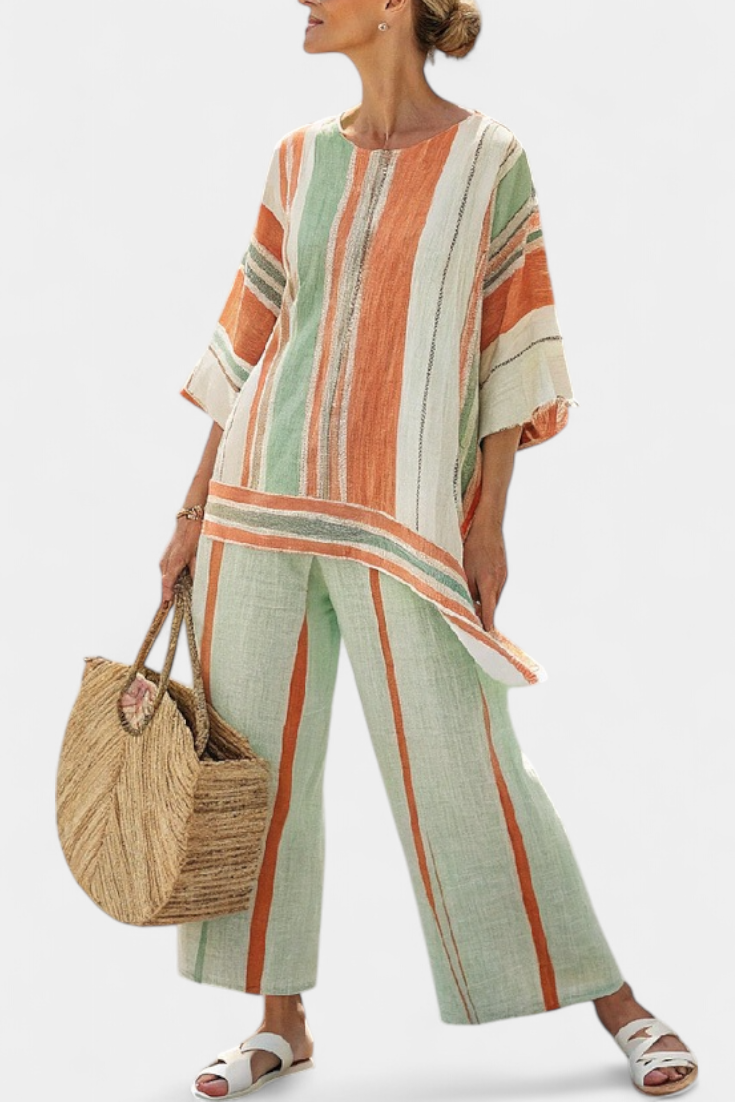 Carlotta | Striped Bamboo Linen Set with Asymmetric Blouse