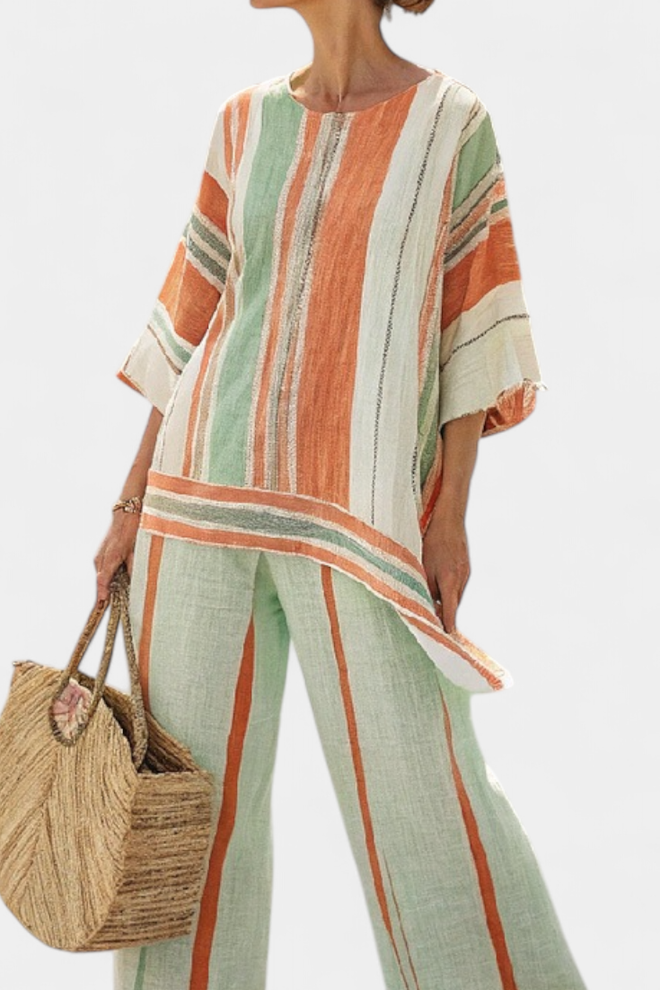 Carlotta | Striped Bamboo Linen Set with Asymmetric Blouse