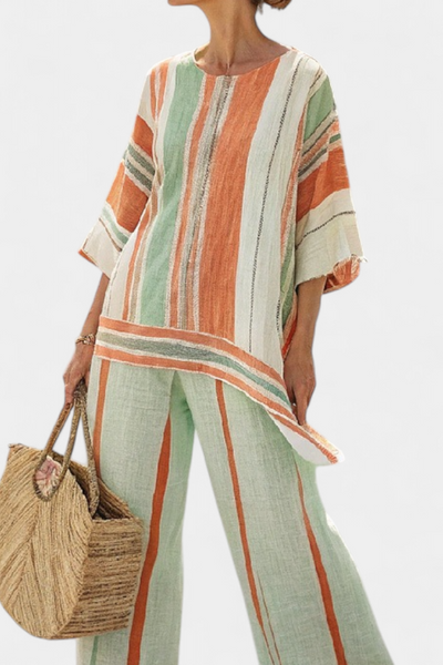 Carlotta | Striped Bamboo Linen Set with Asymmetric Blouse