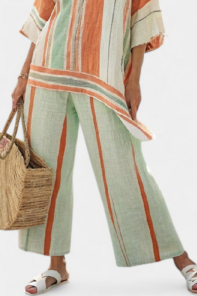 Carlotta | Striped Bamboo Linen Set with Asymmetric Blouse