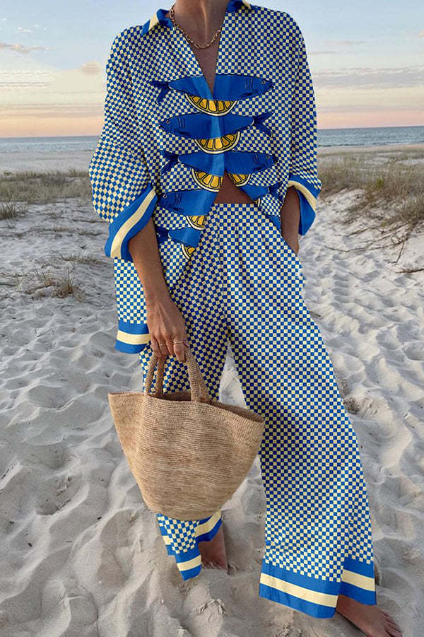 Printed Linen Set with Sardines and Lemons