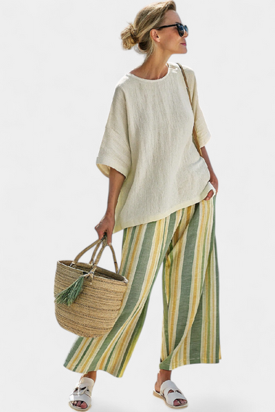 Valentina | Olive Green Striped Bamboo Linen Set