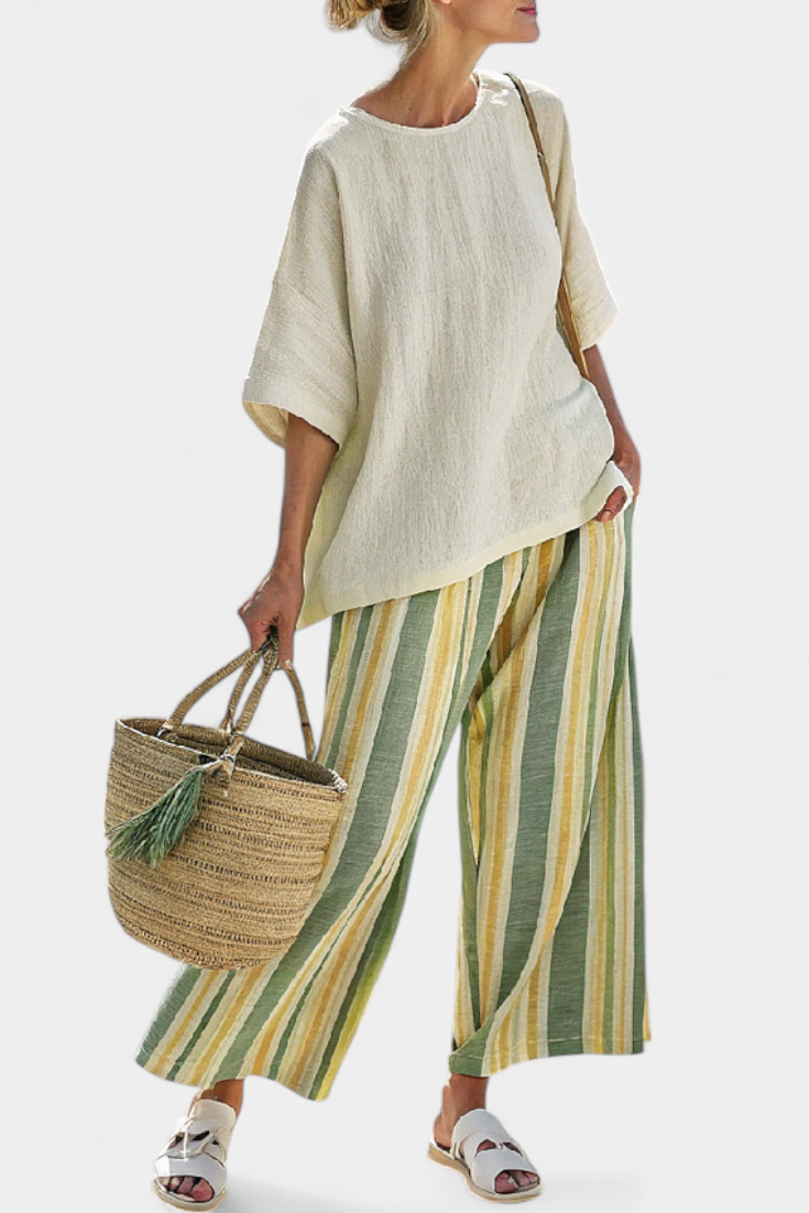 Valentina | Olive Green Striped Bamboo Linen Set