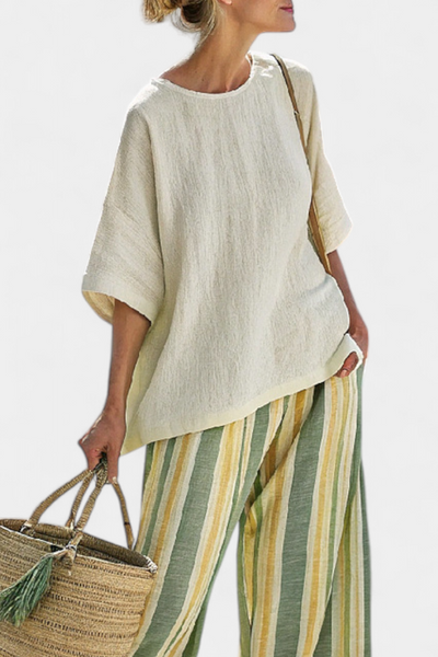 Valentina | Olive Green Striped Bamboo Linen Set