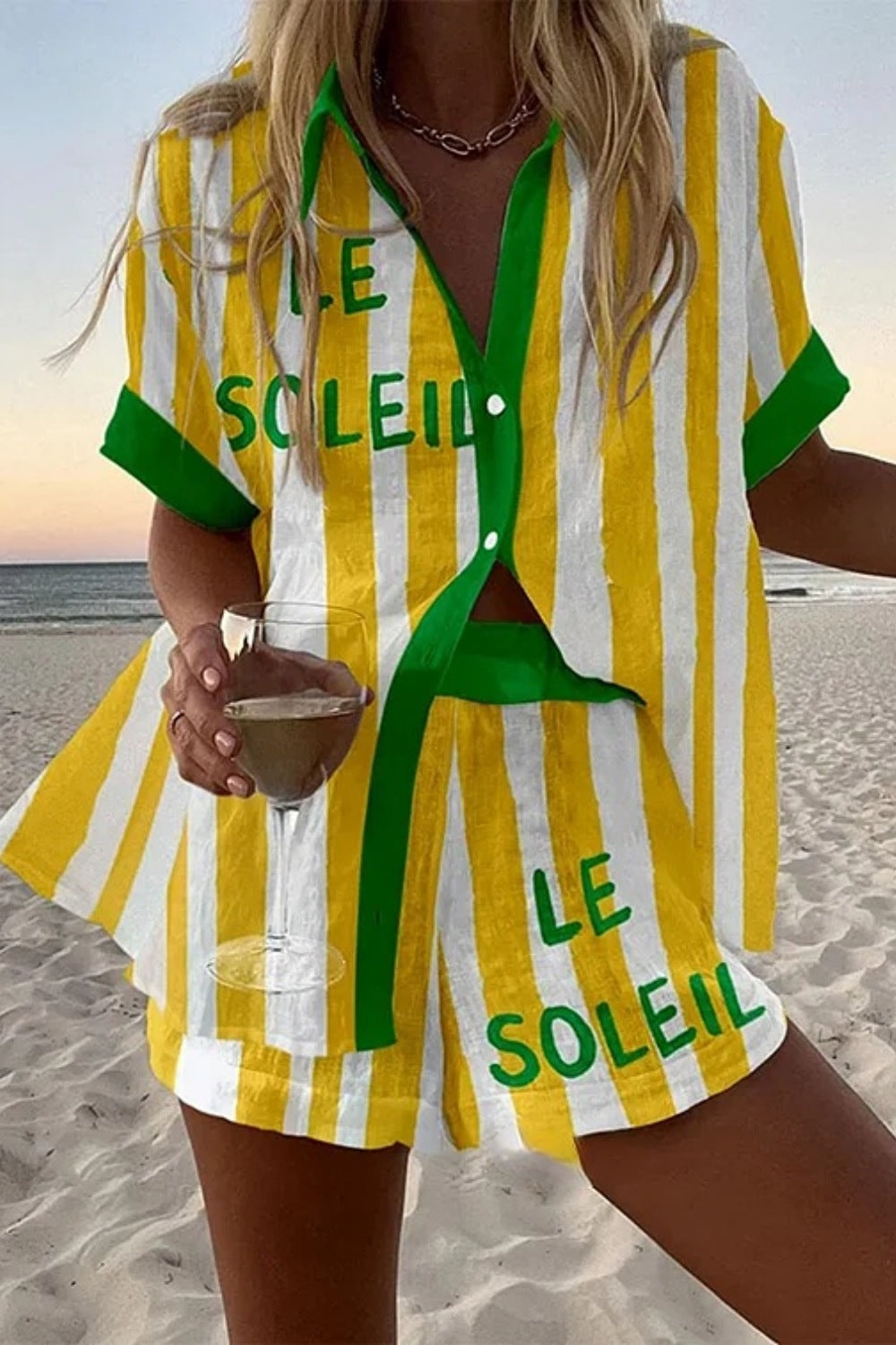 Short Linen Set with Yellow Stripes