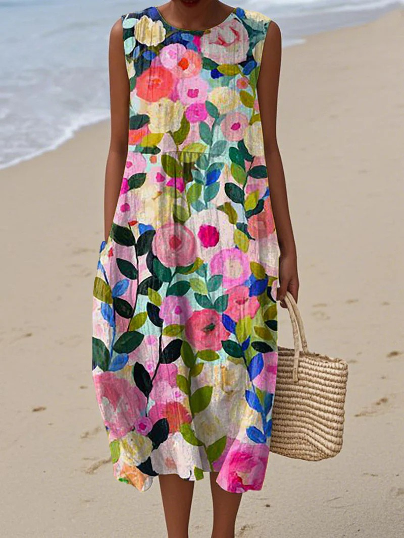 Women's Floral Print Sleeveless Wrap Dress with Pockets