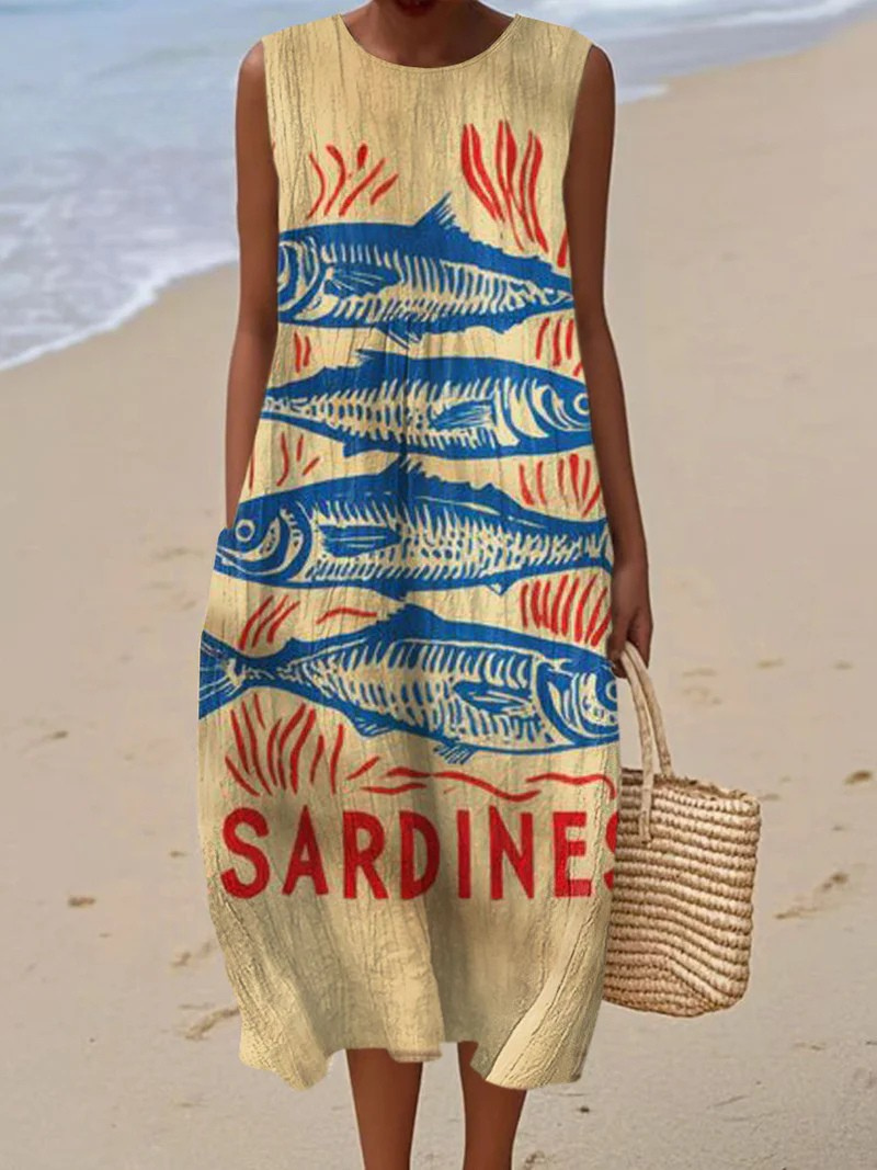 Women's Sleeveless Pocket Wrap Dress with Vintage Fish Art Print